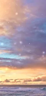 Serene ocean sunset with pastel clouds and stars, perfect for a calming wallpaper.