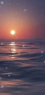 Serene ocean sunset with starry sky and shimmering water reflections.