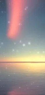 A peaceful sunset over a calm ocean with a starry sky.