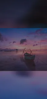 Serene sunset over a calm ocean with a small boat.