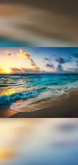 Sunset over an ocean with waves on a sandy beach and a colorful sky.