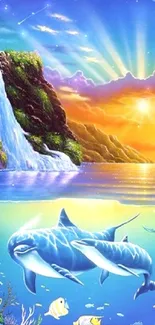 Vibrant ocean sunset with dolphins and bright blue hues.