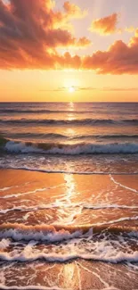 Serene ocean sunset with waves under vibrant orange sky.