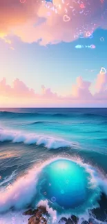 Serene ocean waves at sunset with vibrant blue and pink skies.