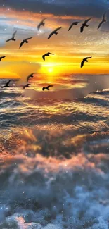 Serene ocean sunset with birds flying over waves.