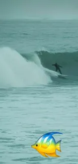 Lone surfer rides a wave in ocean with fish emoji on wallpaper.