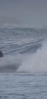 Surfer on a large ocean wave with misty background.