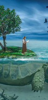 A surreal ocean scene with a turtle island and a reading figure.