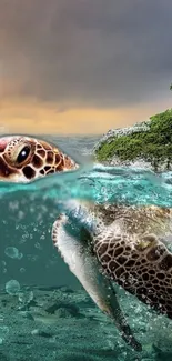 Sea turtle gliding through teal waters near a green island under vibrant sky.