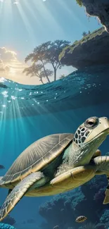 Serene sea turtle glides under sunlight in ocean wallpaper.