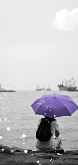 Person with purple umbrella by calm ocean, ships on horizon.