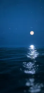 Serene ocean under moonlight with calm waters reflecting the night sky.