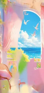 Serene ocean view with pink curtains and doves flying under a blue sky.