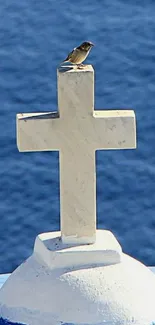 White cross with bird on vibrant blue ocean background.