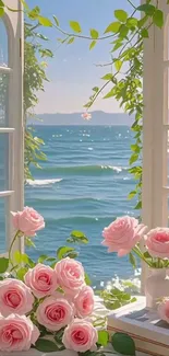 Mobile wallpaper of ocean view with pink roses framed by a window.