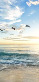 Serene beach with birds flying in a blue sky.