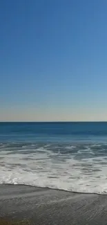 Serene ocean view with clear blue sky and gentle waves on the beach.