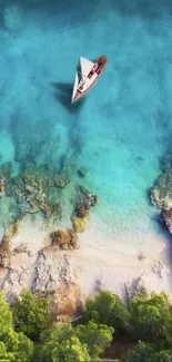 A sailboat on turquoise waters near a vibrant shoreline.