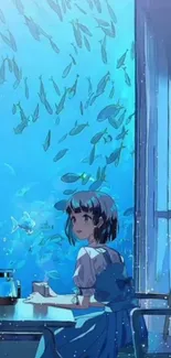 Anime girl sitting by window, peaceful ocean view.