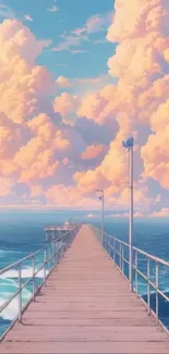 A wooden pier leading into a vast ocean under pink clouds.