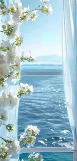 Serene ocean view with flowers by window.