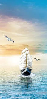 Sailing ship on ocean with vibrant sky and seagulls.