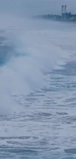 Ocean waves crashing along a serene coastline.