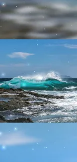 Turquoise ocean wave crashes on rocks with a clear blue sky.