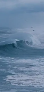 Tranquil ocean wave with blue tones and gentle sea breeze.