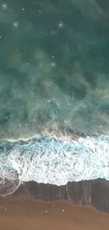 Aerial view of serene ocean waves crashing onto a sandy beach at sunrise.