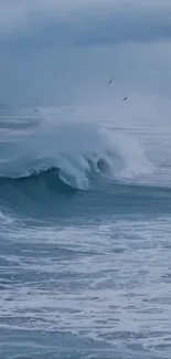 Calming ocean waves under a cloudy sky.