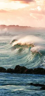 Dynamic ocean waves crashing at sunset with a serene coastal view.