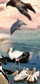 Ocean wildlife with birds and dolphin over serene sea.