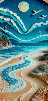 Intricate ocean and sky paper art with birds and moonlight in deep blue hues.