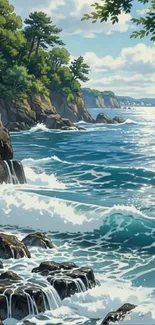 Scenic coastal cliff with waves crashing