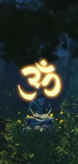 Meditative scene with glowing Om in forest setting.