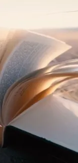 Open book on beach sand with light.