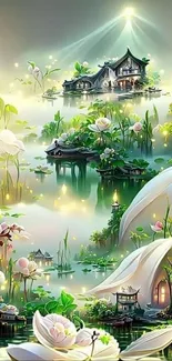 Serene oriental landscape with flowers and soft colors.