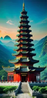 Oriental pagoda in lush green mountain landscape at sunset.