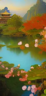 Oriental landscape with a pagoda and serene river surrounded by colorful flora.