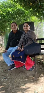 A couple sitting on a park bench surrounded by trees in natural serenity.