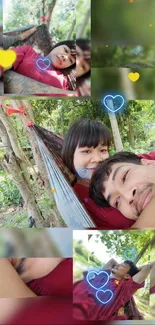 Couple relaxing in a hammock surrounded by nature with heart graphics.