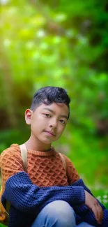 Serene portrait of a young person in a lush green setting.