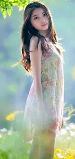 Woman stands in nature wearing a floral dress.