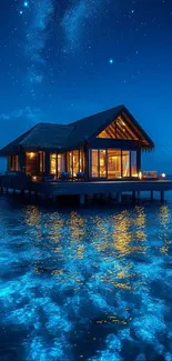 Cozy overwater bungalow under starry sky.