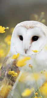 Vibrant owl in a field of yellow wildflowers.