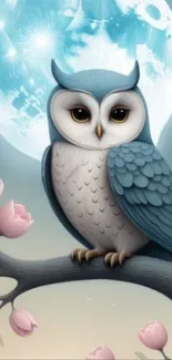 Owl perched on branch with moonlit backdrop.