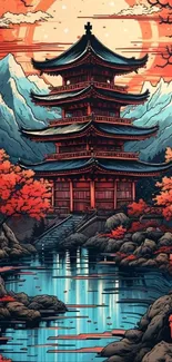 Illustrated pagoda with autumn foliage and lake.