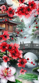 Cherry blossoms with pagoda and bridge in serene landscape.