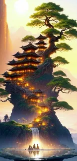 Fantasy landscape with illuminated pagoda and waterfalls.